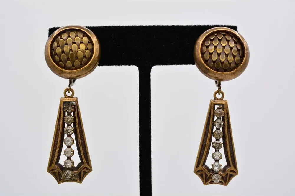 Vintage Dangle Clip On Earrings Rustic Brass Tone Rhinestone Crystal 1980s 9H